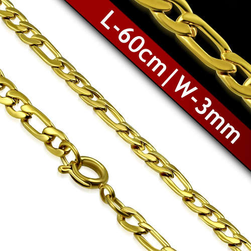 L-60cm W-3mm | Gold Plated Stainless Steel Lobster Claw Clasp Figaro Link Chain - CNE216