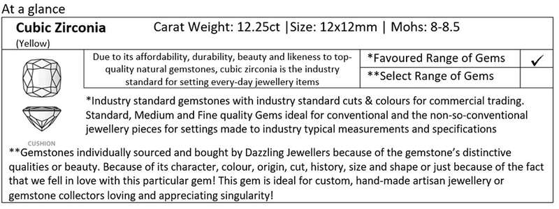 Yellow Cubic Zirconia. Cushion. 12.25ct | 12x12mm