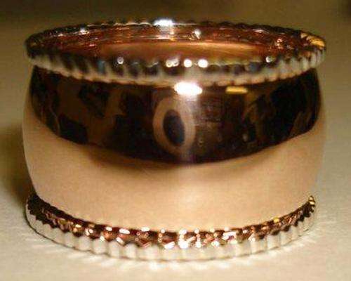 Stunning solid 9ct Rose Gold designer broad wedding band with White Gold trim on edge