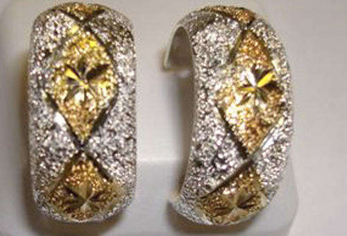 Solid Sterling Silver Two Tone Diamond Pattern Hoop