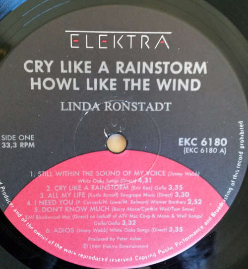 Linda Ronstadt - Cry Like a Rainstorm Howl Like the Wind 1989 Vinyl LP SA
