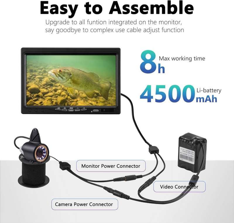 Underwater Fishing Camera, Portable Video Fish Finder wiht 7 inch HD LCD Monitor 1200TVL Camera, 12p