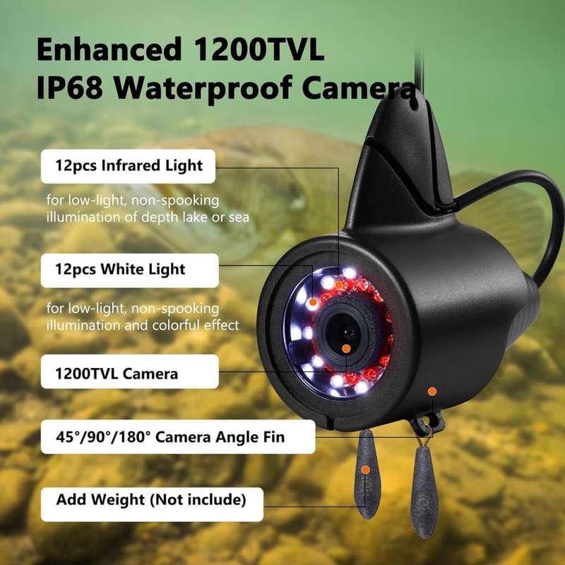 Underwater Fishing Camera, Portable Video Fish Finder wiht 7 inch HD LCD Monitor 1200TVL Camera, 12p