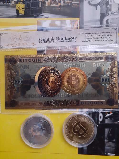 3x Bitcoin set Certify 100Bitcoin banknote,Silver and Gold coin Bitcoin