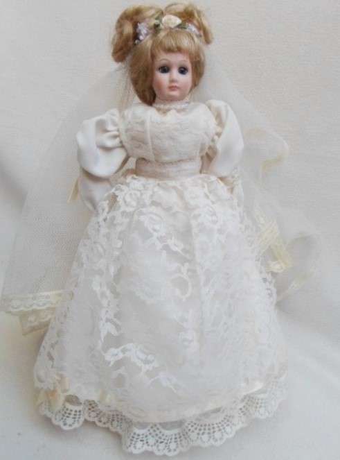 PORCELAIN BRIDAL DOLL ON STAND WITH OLD 'GERMAN DOLL' FACE!