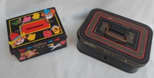 TWO VERY OLD TIN TOY CASH BOXES - ONE MARKED CHAD VALLEY AND THE OTHER PAT. NO. 114959 - WOW!!