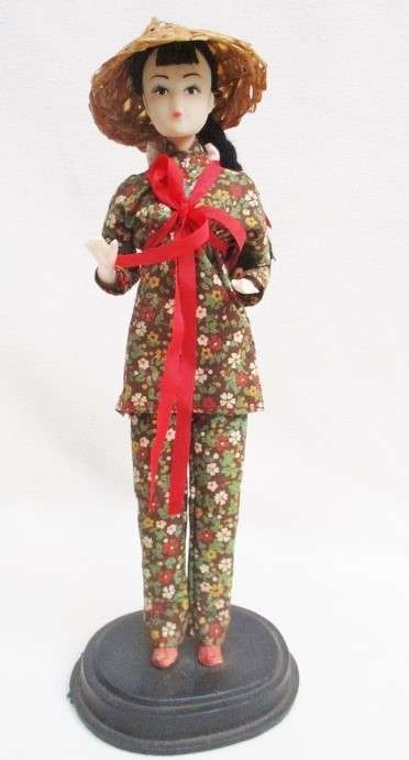 VINTAGE ORIENTAL DOLL ON STAND WITH BABY ON BACK!!