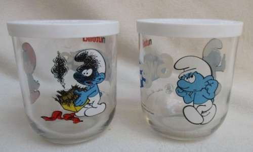 SOMETHING DIFFERENT FOR YOUR SMURF COLLECTION - TWO SMURF GLASSES WITH PLASTIC LIDS!!