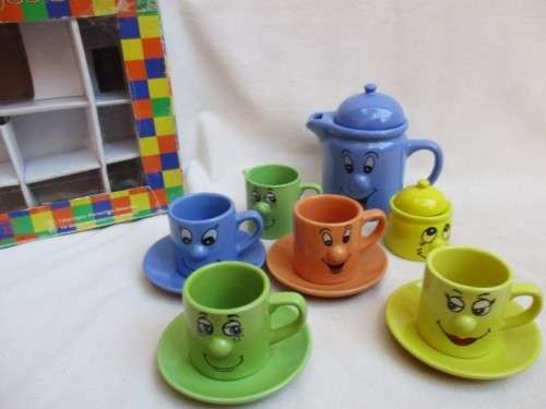 A VERY CUTE FUNNY FACE TOY PORCELAIN COFFEE SET STILL WITH ORIGINAL BOX!!