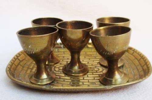 VINTAGE SOLID BRASS MINIATURE TRAY WITH FIVE GOBLETS!!