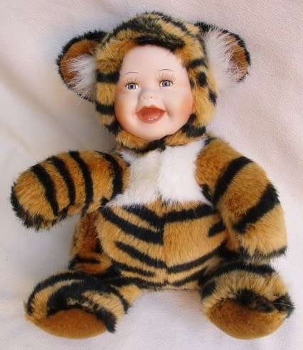 SWEET VINTAGE ANNE GEDDES-LIKE DOLL IN TIGER COSTUME WITH PORCELAIN FACE!!