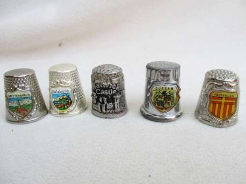 FIVE METAL HERALDIC/CRESTED METAL THIMBLES!!