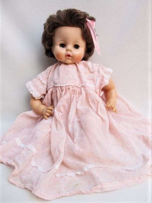 ROSY-CHEEKED VINTAGE DARLING MARKED 'JD' ON BACK OF HEAD WEARING A VERY PRETTY VINTAGE DRESS!!