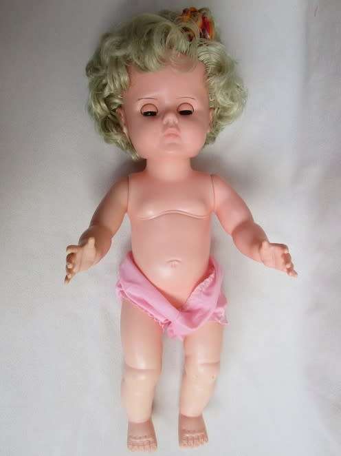A STUNNING 45CM TALL BLUE-EYED VINTAGE DOLL IN GREAT CONDITION MARKED 'J' ON BACK OF HEAD!!