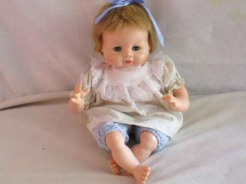 VINTAGE 1961 BABY DOLL - 43CM TALL - MARKED 'U PLATED MOULDE INC 1961' ON BACK OF HEAD
