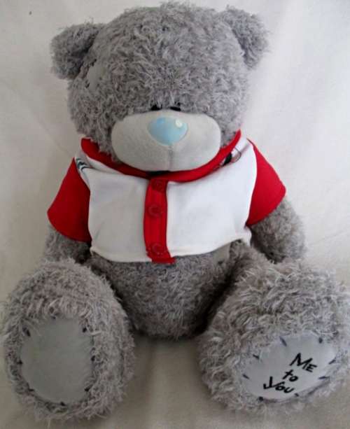 A LARGE TATTY TEDDY  (ME TO YOU)  IN HIS 'TEDDY/7' SHIRT