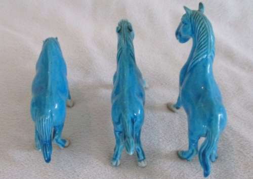 SET OF THREE SMALL CHINESE VINTAGE 1960's JINGDEZHEN TURQUOISE PORCELAIN HORSES - DIFFERENT POSES