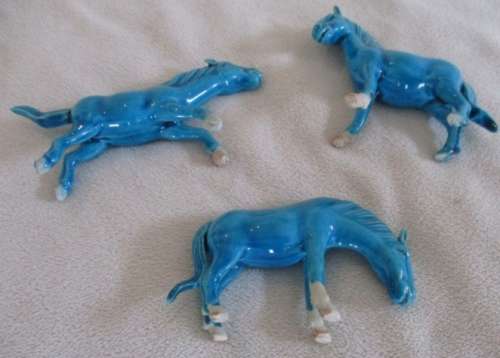 SET OF THREE SMALL CHINESE VINTAGE 1960's JINGDEZHEN TURQUOISE PORCELAIN HORSES - DIFFERENT POSES