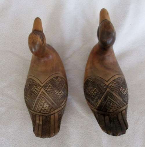 TWO DECORATIVE HAND CARVED SOLID WOODEN DUCKS