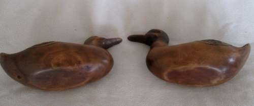 TWO DECORATIVE HAND CARVED SOLID WOODEN DUCKS