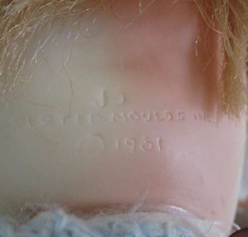 SWEET LARGE VINTAGE 1961 BABY DOLL - 50CM TALL - MARKED 'JD/ PLATED MOULDE INC 1961' ON BACK OF HEAD