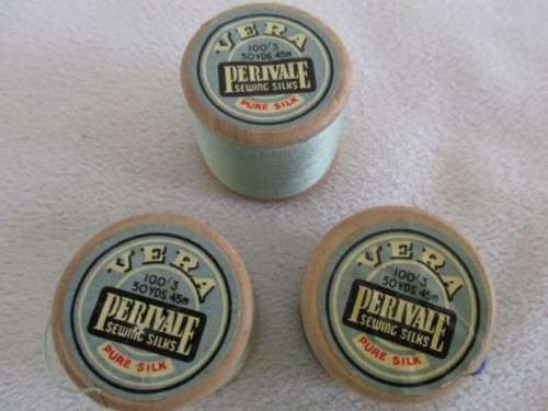 RARE! THREE VINTAGE WOODEN VERA PERIVALE, ENGLAND COTTON REALS WITH PURE SILK THREAD