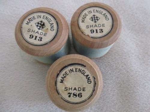 RARE! THREE VINTAGE WOODEN VERA PERIVALE, ENGLAND COTTON REALS WITH PURE SILK THREAD