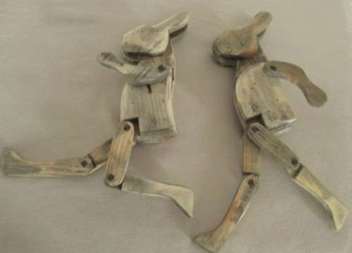TWO VERY OLD 37CM TALL VINTAGE WOODEN BUNNY SHELF SITTERS TO ADAPT OR APPRECIATE IN NATURAL STATE