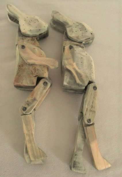 TWO VERY OLD 37CM TALL VINTAGE WOODEN BUNNY SHELF SITTERS TO ADAPT OR APPRECIATE IN NATURAL STATE