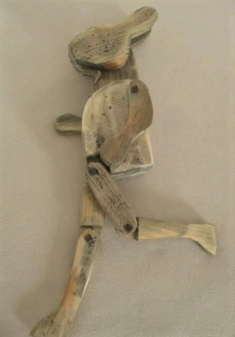 TWO VERY OLD 37CM TALL VINTAGE WOODEN BUNNY SHELF SITTERS TO ADAPT OR APPRECIATE IN NATURAL STATE