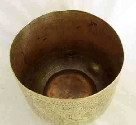 A VERY DECORATIVE VINTAGE ORIENTAL SOLID BRASS PLANTER DEPICTING DANCING MAN AND BIRDS - SIGNED