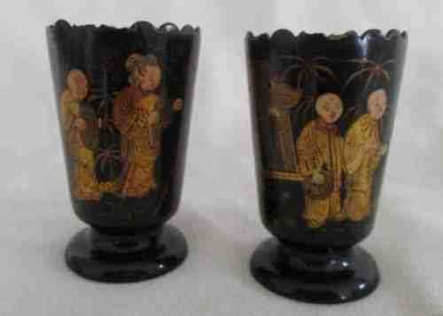 SO RARE AND UNUSUAL - TWO SMALL VINTAGE/ANTIQUE CHINESE LACQUERED WOODEN SAKE CUPS