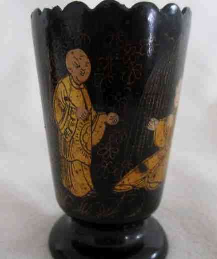 SO RARE AND UNUSUAL - TWO SMALL VINTAGE/ANTIQUE CHINESE LACQUERED WOODEN SAKE CUPS