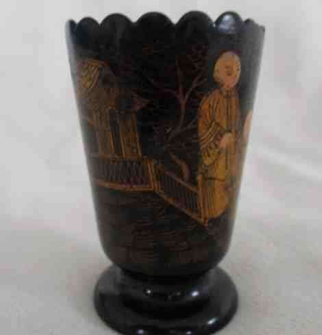 SO RARE AND UNUSUAL - TWO SMALL VINTAGE/ANTIQUE CHINESE LACQUERED WOODEN SAKE CUPS
