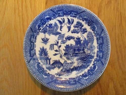 FOUR DIFFERENT-SIZED BLUE AND WHITE WILLOW PATTERN PLATES (TWO MARKED JAPAN) - NICE DISPLAY!