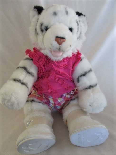 LARGE COLLECTABLE BUILD A BEAR TIGER IN ORIGINAL CLOTHES AND BOOTS - MEOWS WHEN YOU SQUEEZE HER ARM