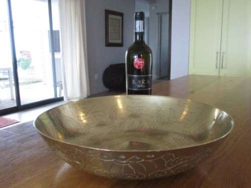 VINTAGE CHINESE - LARGE, HEAVY (1.6KG) WIDE BRASS BOWL WITH DRAGON AND SYMBOLS OF HAPPINESS DESIGNS