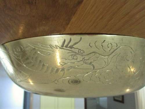 VINTAGE CHINESE - LARGE, HEAVY (1.6KG) WIDE BRASS BOWL WITH DRAGON AND SYMBOLS OF HAPPINESS DESIGNS