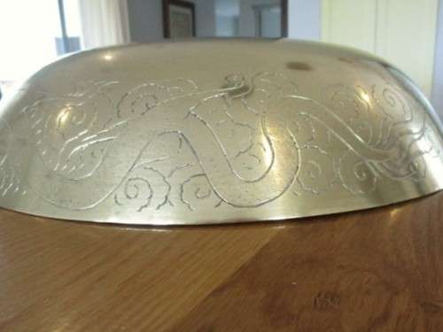 VINTAGE CHINESE - LARGE, HEAVY (1.6KG) WIDE BRASS BOWL WITH DRAGON AND SYMBOLS OF HAPPINESS DESIGNS