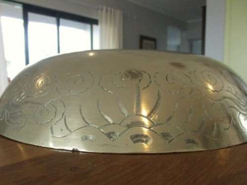 VINTAGE CHINESE - LARGE, HEAVY (1.6KG) WIDE BRASS BOWL WITH DRAGON AND SYMBOLS OF HAPPINESS DESIGNS