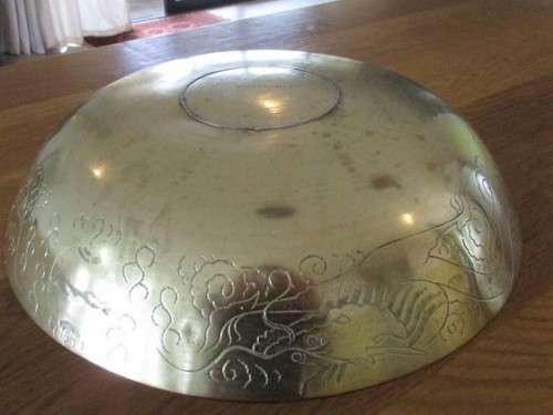 VINTAGE CHINESE - LARGE, HEAVY (1.6KG) WIDE BRASS BOWL WITH DRAGON AND SYMBOLS OF HAPPINESS DESIGNS