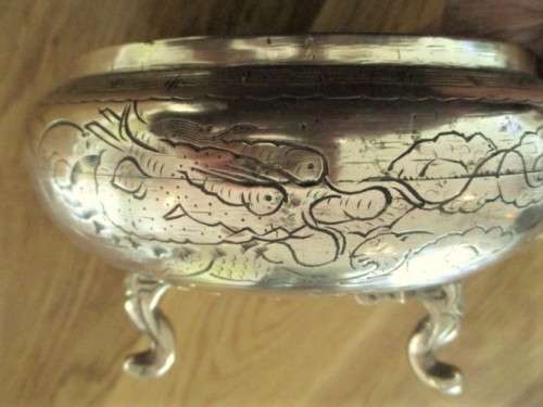 TWO VINTAGE CHINESE FOOTED (ELEPHANT HEADS) SOLID BRASS BOWLS WITH DRAGON MOTIF - SIGNED ON BASE