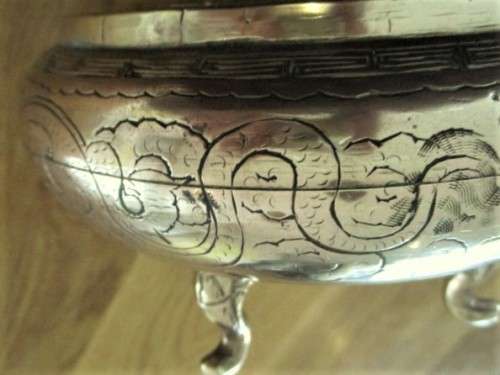 TWO VINTAGE CHINESE FOOTED (ELEPHANT HEADS) SOLID BRASS BOWLS WITH DRAGON MOTIF - SIGNED ON BASE