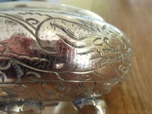 TWO VINTAGE CHINESE FOOTED (ELEPHANT HEADS) SOLID BRASS BOWLS WITH DRAGON MOTIF - SIGNED ON BASE
