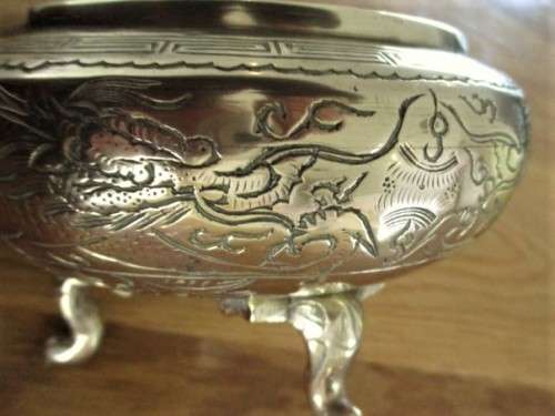 TWO VINTAGE CHINESE FOOTED (ELEPHANT HEADS) SOLID BRASS BOWLS WITH DRAGON MOTIF - SIGNED ON BASE