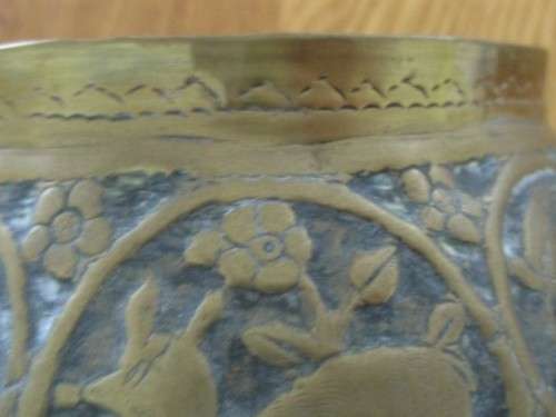 AWESOME ANTIQUE HAND ENGRAVED PERSIAN? TURKISH? BRASS BOWL DEPICTING  MEN, DEER AND BIRDS