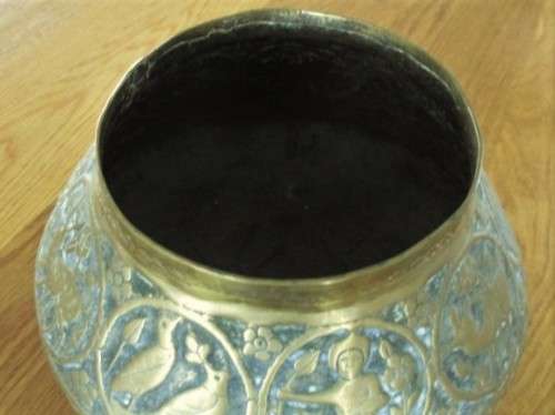 AWESOME ANTIQUE HAND ENGRAVED PERSIAN? TURKISH? BRASS BOWL DEPICTING  MEN, DEER AND BIRDS