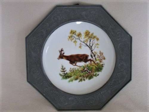 VINTAGE HAND PAINTED MELITTA, GERMANY PORCELAIN PLATE IN UNIQUE, REMOVABLE PEWTER FRAME