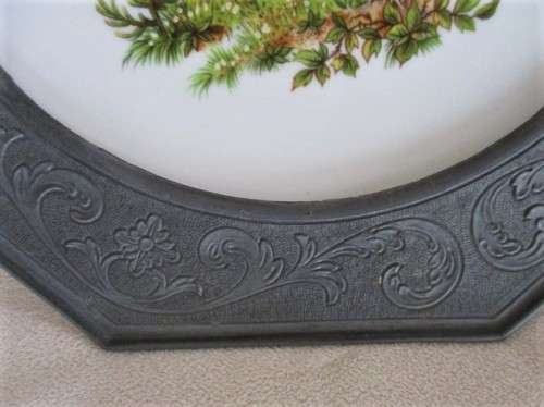 VINTAGE HAND PAINTED MELITTA, GERMANY PORCELAIN PLATE IN UNIQUE, REMOVABLE PEWTER FRAME