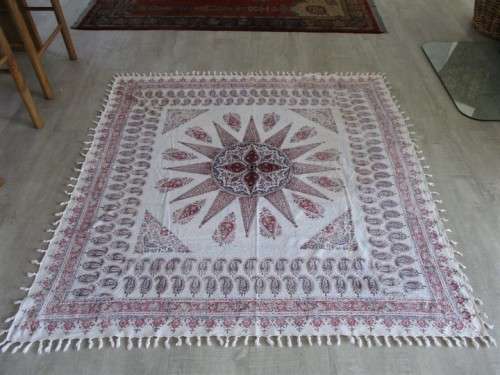 VINTAGE HAND BLOCKED PRINTED (NATURAL DYED) PERSIAN GHALAMKAR TABLE CLOTH/THROW - SIGNED